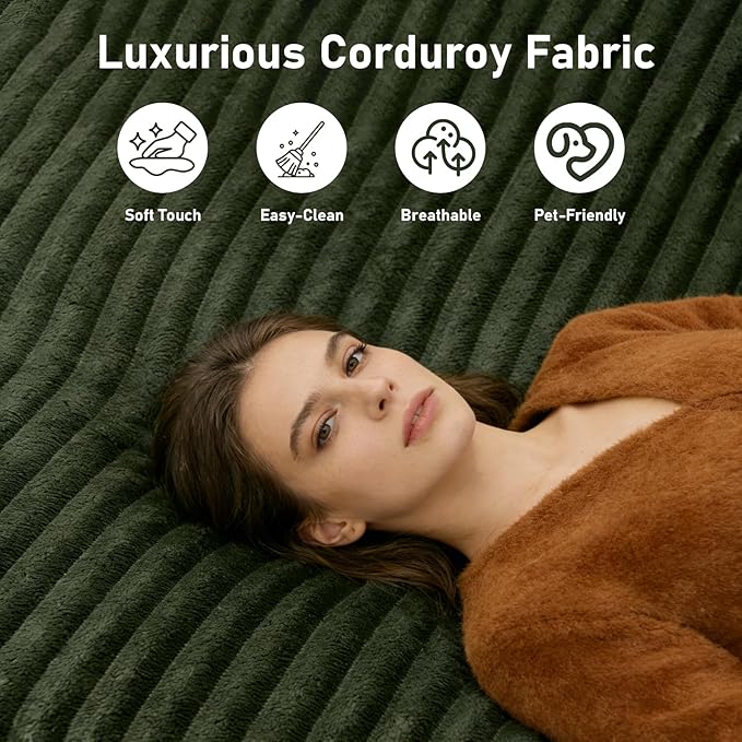 132.48" U-Shaped Sectional Couch, 4-Seat Frameless Modular Sofa with Oversized Chaise, Big Comfy Cloud Couch Set in Soft Corduroy, No-Assembly Boneless Sofas for Living Room, Compressed, Green