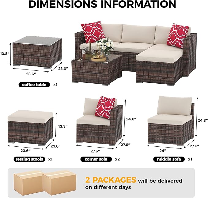 Garvee 5 Pieces Patio Furniture Set, Outdoor Glass Table and Cushions with Rattan Wicker Chairs, Patio Furniture Set for Porch, Balcony, Backyard, Garden, Brown & Beige