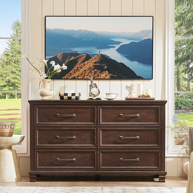 SAVOR LIFE Farmhouse Espresso 6 Drawer Dresser for Bedroom, 54 inch Wide Vintage Large Chest of Drawers with Wood Legs, Rustic TV Console for Living Room, Walnut Wooden Storage Closet Dressers - Image 3