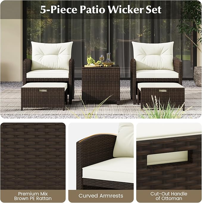 Tangkula 5 Pieces Patio Conversation Set, PE Wicker Outdoor Furniture Set with 2 Chairs, 2 Ottomans & Tempered Glass Coffee Table, Ideal for Poolside, Backyard, Lawn, Deck, Mix Brown & Off White