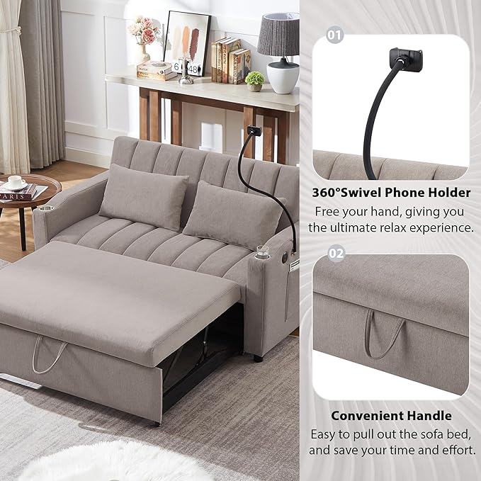 Eafurn 3 in 1 Convertible Sleeper Sofa Bed - Pull Out Couch Bed with Side Pockets, 55.9" Futon Love Seat Sleeper with Cup Holders and 360°Swivel Phone Holder for Living Room