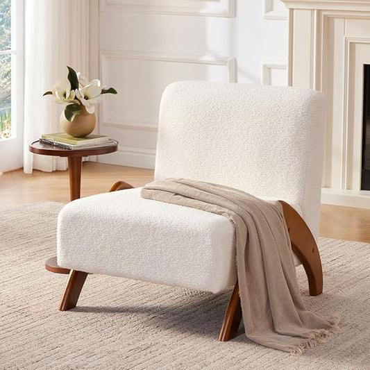 Oversized Accent Chair, upholstered armless mid Century Modern Living Room Chair with Wooden Legs for Bedroom/Office/Cafe, Sherpa Cream