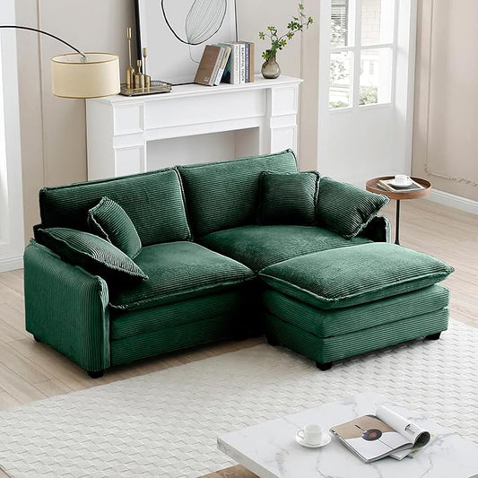 KEIKI 81" L-Shaped Oversized Corduroy Modular Sectional Loveseat Sofa with 1 Ottoman, High-Density Foam Cushions, Removable Armrests, Upholstered 2-Seater Couch with 4 Pillow, for Living Room, Green