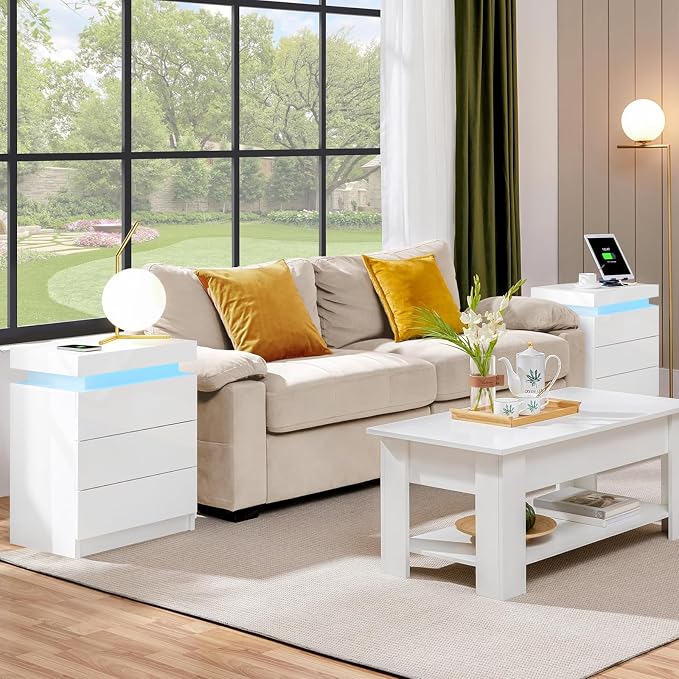 TUKAILAi Modern Nightstand with LED Light, Smart Bedside Table with 3 Drawers and Flip Top Storage Cabinet, High Gloss Side Table End Table for Bedroom (White) - Image 9