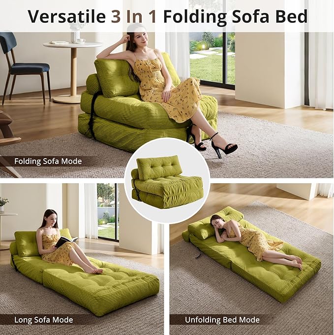 Folding Sofa Bed, Convertible Sleeper Chair with Pillow, Foldable Mattress with Back Support, Portable Floor Sofa Lounge for Living Room Bedroom Dorm(Green, Single)
