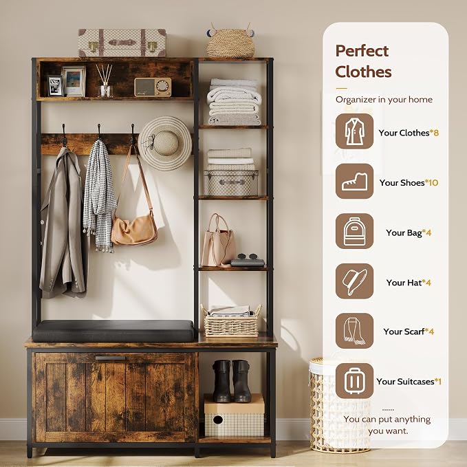 Hall Tree Coat Rack, Hall Tree With Bench and Shoe Storage Shoe With, Mud Room Storage Furniture，39.37 X 15.74 X 69.69 Inches, Brown - Image 2