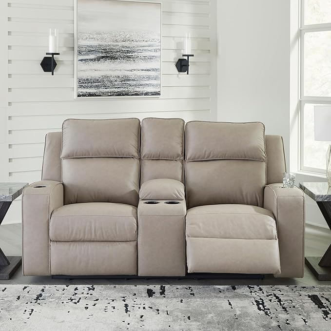 Signature Design by Ashley Lavenhorne Contemporary Faux Leather Manual Reclining Loveseat with Console and Cup Holders, Beige