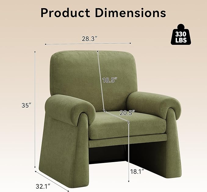 Oversized Accent Chair, Comfy Living Room Chairs, Single Sofa Chair with Thick Cushion and Armrests, Upholstered Arm Chair for Living Room, Modern Armchair, Reading Chair for Bedroom, Green