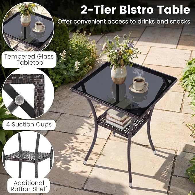 Tangkula 3 Pieces Patio Wicker Bistro Set, 2 Rattan Chairs w/ 2-Tier Tempered Glass Table, Outdoor Conversation Furniture Set with Cushions for Backyard, Porch, Poolside (Mix Brown+Beige)