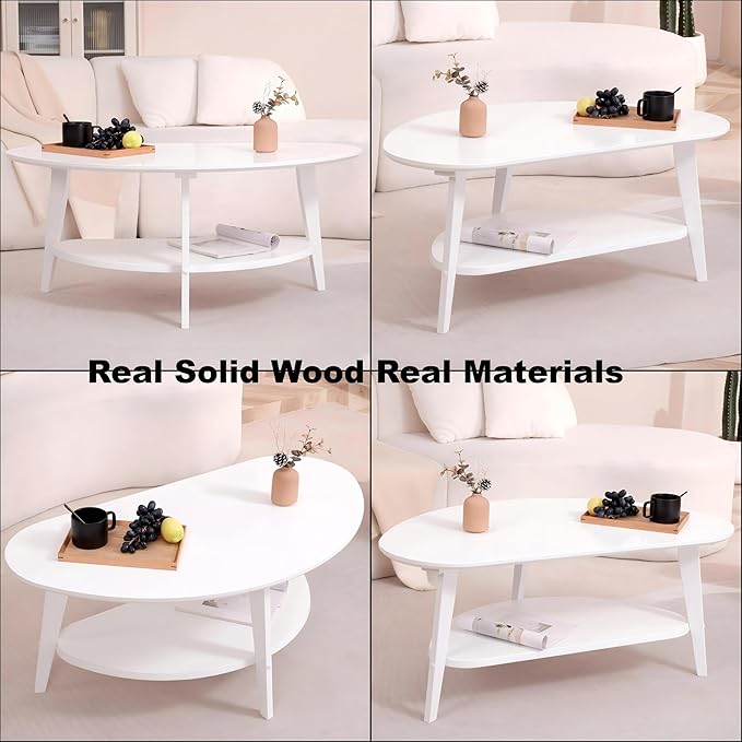 Mid Century Modern Coffee Table, Oval Coffee Tables with Storage for Living Room, 2 Tier Solid Wood Center Table, White Coffe Tables, Easy Assembly, 40.2" D x 22" W x 17.7" H