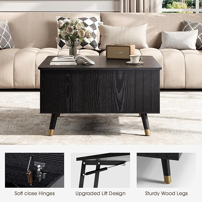 Black Lift Top Coffee Table with Storage, 32 Inch Mid Century Modern Square Center Table with Rising Top for Living Room