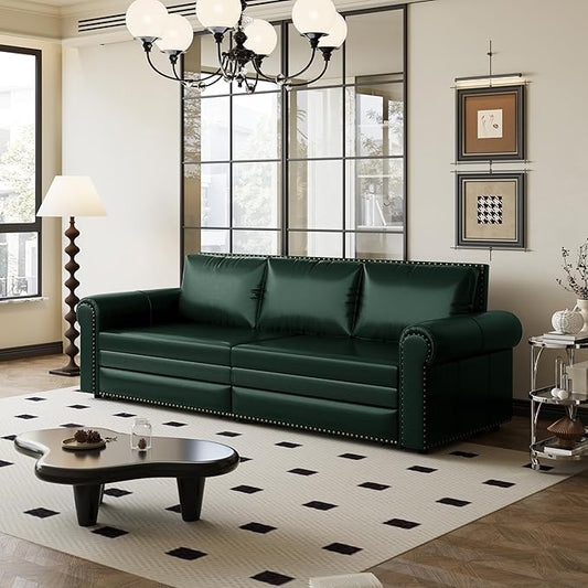 Eafurn 93.7" King Size Pull Out Sofa Bed, 3-in-1 Convertible Sleeper Sofa Couch Bed with Nailhead Decor and Rolled Arms, Faux Leather Oversized Chesterfield Loveseat Chaise Lounge