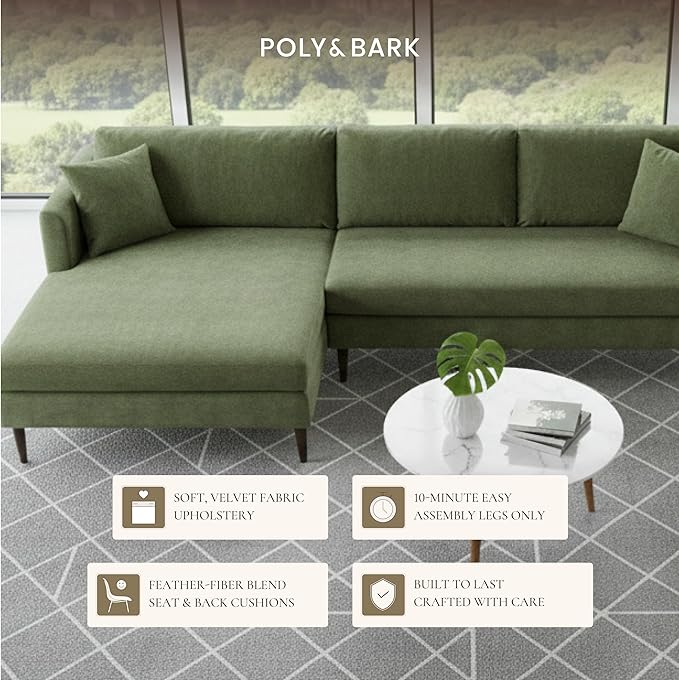 POLY & BARK 108" Lucerne Left-Facing Sectional Sofa with Extra-Wide Chaise – Upholstered in Distressed Green Velvet – Deep, Relaxed Modern Design for Living Room Lounging, Hosting and Everyday Comfort