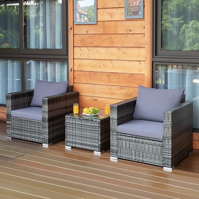 Tangkula 3 Pieces Patio Furniture Set, PE Rattan Wicker Sofa Set w/Washable Cushion and Tempered Glass Tabletop, Outdoor Conversation Furniture for Garden Poolside Balcony