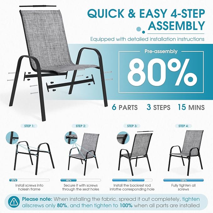 Outdoor Stackable Chairs Set of 8, Stacking Patio Chairs with Textilene Fabric, Outside Furniture for Garden Backyard Balconie Poolside Deck, Grey - Image 6