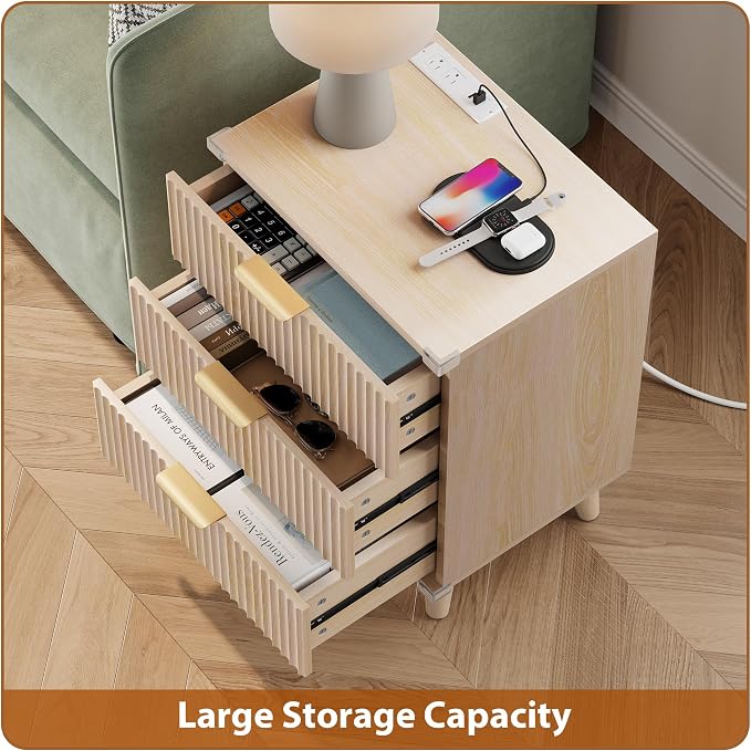 Lulive Wood Nightstand with Charging Station, 3 Drawers Fluted Design, Modern End Table for Bedroom Natural Oak - Image 5