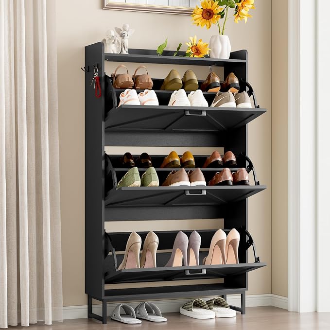 BORNOON Shoe Cabinet with 3 Flip Drawers Narrow Shoe Storage Cabinet Organizer Wooden Freestanding Shoe Rack Hidden Slim Shoes Storage Cabinet for Entryway, Hallway, Living Room, Bedroom - Image 3