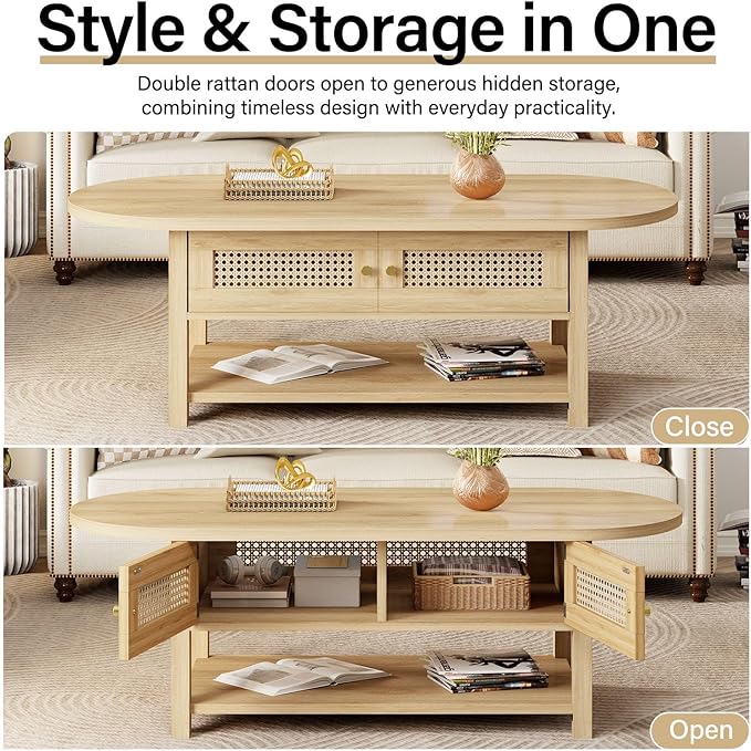 LVB Rattan Coffee Table, Boho Wood Living Room Table with Storage, Oval Modern 2-Tier Cocktail Tea Table with Doors & Open Shelf, Farmhouse Vintage Center Tables for Bedroom Office, Light Oak, 47In