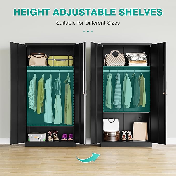 Metal Wardrobe Cabinet with Hanging Rod & Lock,Black Armoire Wardrobe Closet,Metal Clothing Storage Cabinet with Adjustable Shelves and Doors,72" Amroire Storage Cabinets for Home,Living/Laundry Room
