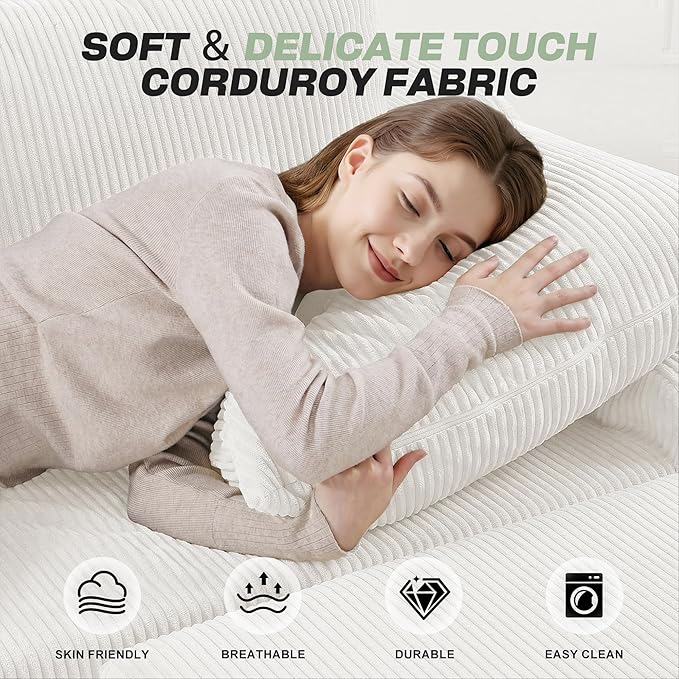 HABUTWAY 94“ U Shaped Modular Sectional Couch for Living Room, Modular Cloud Sofa with Ottoman, No Assembly Boneless Couches with Deep Seat, Corduroy Fabric (Beige, Left Facing) | Cloud Sofa, With Ottoman, No Assembly, Boneless, Deep Seat, Corduroy Fabric
