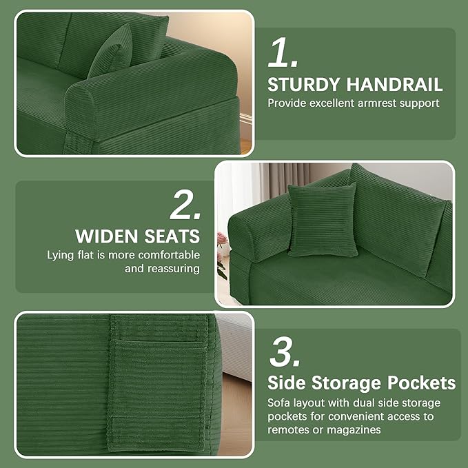 83" Modern Sofa in a Box, No Assembly Oversized 3 Seater 28" Deep Seat Cloud Sofa Bed Couch with 4 Furry Pillows & Corduroy Fabric, Boneless Couch with Side Storage Pockets for Living Room, Green