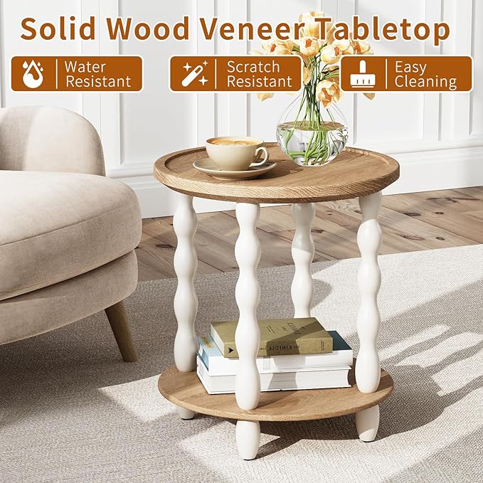 Round End Table, 2-Tier Farmhouse End Table, 18.5'' Handcrafted Weathered Look Wooden Nightstand Accent Table, Pine Leg, Small Side Tables for Living Room, Small Space, Bedroom, Boho, Easy Assembly