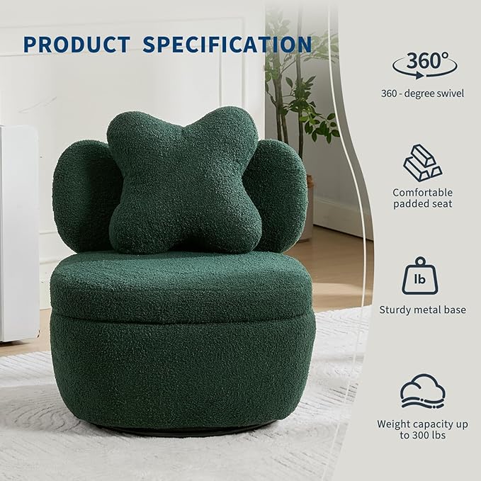 Teddy Velvet Swivel Accent Chair with Storage, 360° Rotating Ergonomic Armchair, Scratch-Resistant Upholstered Sofa Chair for Living Room, Bedroom, Nursery, Apartment or Small Spaces, 300 lbs Capacity