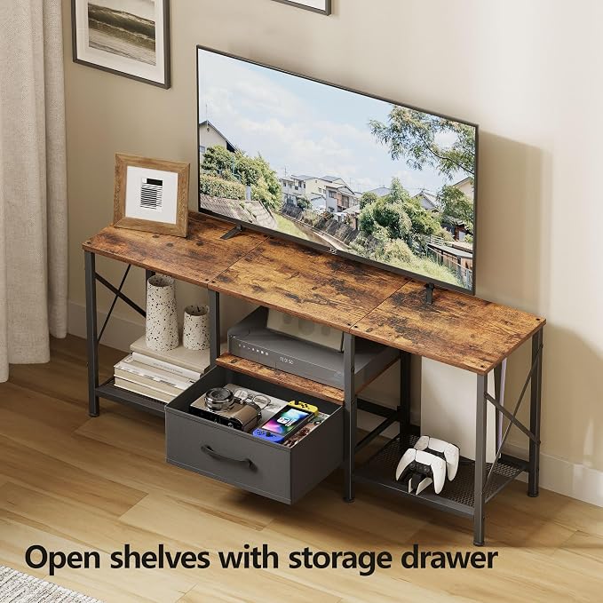JARHETUN TV Stand with Fabric Drawer, Entertainment Center for 50 55 Inch TV, Industrial TV Console Table with Open Storage Shelves for Living Room, Bedroom, Rustic Brown - Image 4