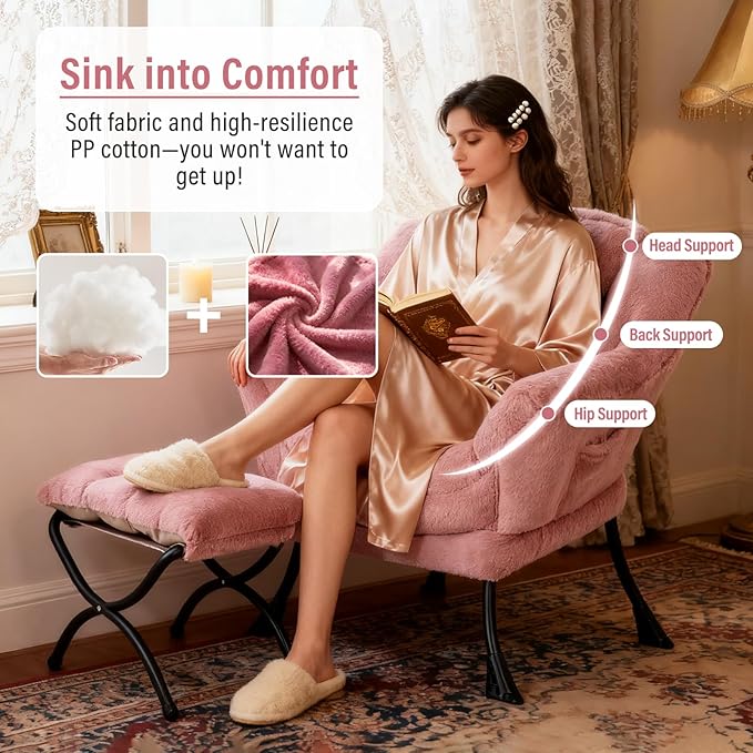 Furlide Lazy Chair with Ottoman, Modern Accent Chair with Armrests and a Side Pocket, Plush Dark Pink Accent Chairs, Reading Chairs, Oversized Armchairs for Bedroom, Study, Living Room, Courtyard