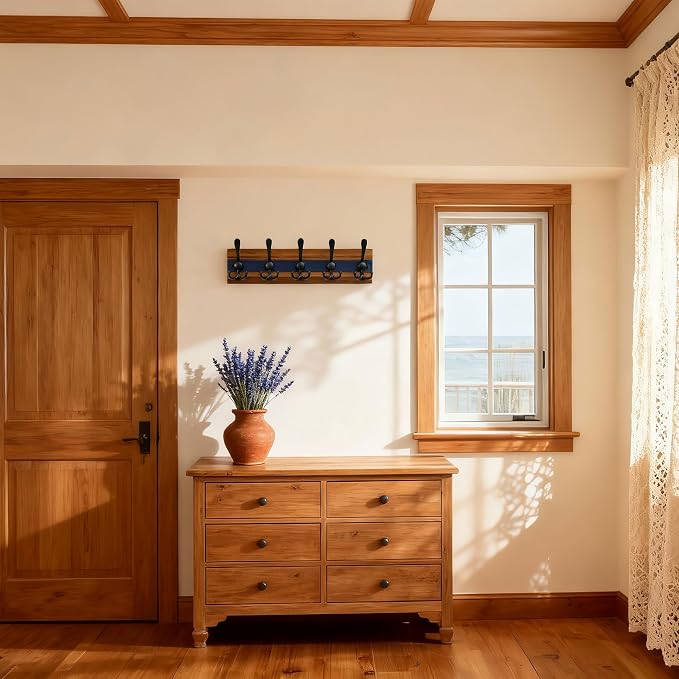 SKOLOO Rustic Wall Mounted Coat Rack - 16-7/8" Long Coat Hooks for Wall with 5 Triple Hooks for Hanging Coats, Hats or Tools, Western National Parks Collection, Wood Brown & Blue - Image 2
