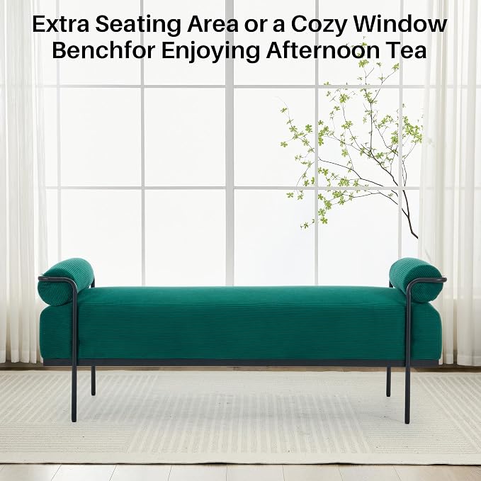 SOFTHION Entryway Bench End of Bed Bench 61.2",Modern Upholstered Bench Ottoman,Corduroy Paded Footrest Stool with Metal Legs for Living Room, Foyer Mudroom Hallway,Green - Image 5