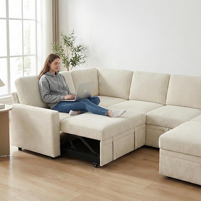 7-Seater Large Sectional Couch with Pull Out Bed, L Shaped Corduroy Sofa with Storage, Convertible Modular Sofa, for Living Room, Apartment, Beige