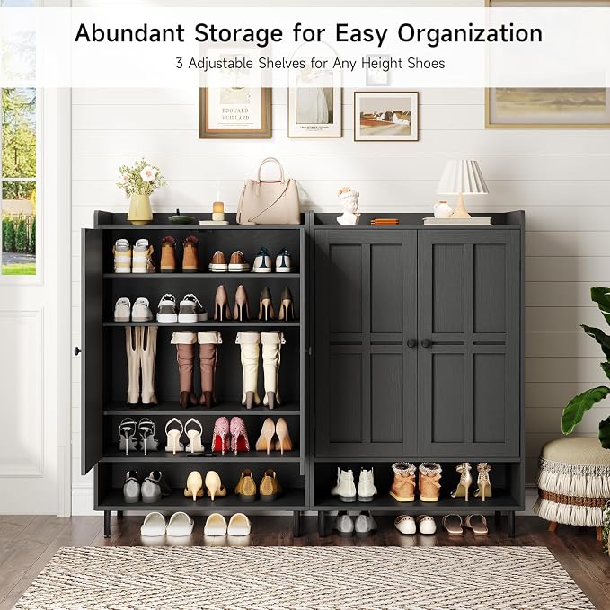 ONBRILL Shoe Cabinet with Cross Molding Doors, 6-Tier Shoe Storage Cabinet with 3 Adjustable Shelves and Metal Legs, 45'' Tall Shoes Rack Organizer Cabinet for Entryway, Front Door, Black - Image 2