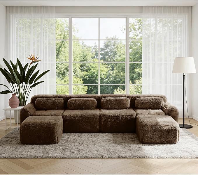 149" Modular Sectional Sofa, Modern Sectional Couch, U-Shape Boneless Couch for Living Room Apartments Bedroom, 32D High Density Sponge Lounge Sofa, No Assembly Required, Chocolate