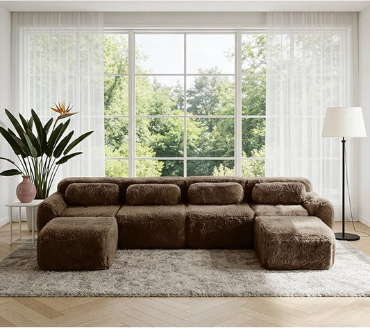 149" Modular Sectional Sofa, Modern Sectional Couch, U-Shape Boneless Couch for Living Room Apartments Bedroom, 32D High Density Sponge Lounge Sofa, No Assembly Required, Chocolate