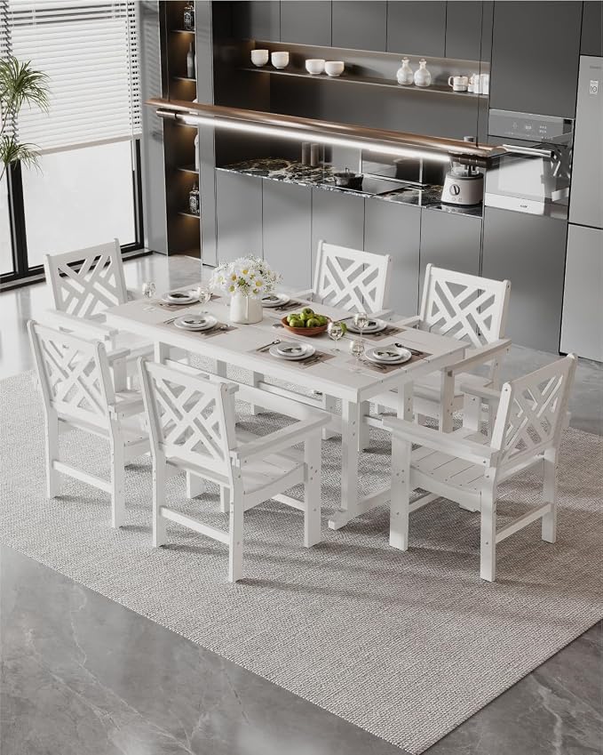 7-Piece Outdoor Dining Set, HDPE All-Weather Patio Table and Chairs Set for 6, Outdoor Patio Furniture Sets with Umbrella Hole for Outside, Deck, Backyard, Garden (White) - Image 7