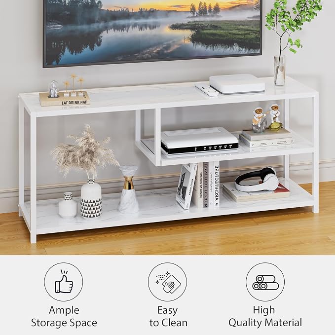 Function Home TV Stand for TVs up to 55 Inch, 3 Tier Entertainment Center, Media Console with Open Storage Shelves for Living Room Bedroom, 47” Modern TV Table with Wood Top White Metal Legs - Image 4