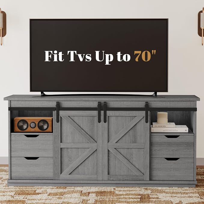 YESHOMY Farmhouse TV Stand for Televisions up to 65 Inch, Wood Entertainment Center with Sliding Barn Doors and 4 Storage Drawers, 58’’ Media Console Cabinet with Shelves for Living Room, Gray - Image 7