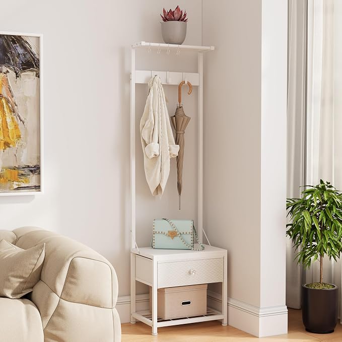 LUMTOK Hall Tree with Shoes Bench, Small Coat Rack with Fabirc Drawer and Shelf for Bedroom, 4-in-1 Entryway Organizer with Shoes Stool for Living Room, Entryway, Closets (Rustic Brown) (White, Small) - Image 6