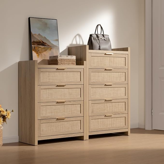 SICOTAS Dresser for Bedroom Chest of Drawers 46" Tall Dresser for Closet with 5 Rattan Drawers Boho Nightstands Set of 2 Large Clothes Storage Cabinet TV Stand for Living Room Hallway Nursery Entryway - Image 8