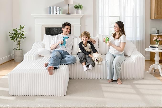Homguava 94" Cloud Sectional Couch, Modular L-Shape Couch with Chaise, Boneless Sofa with Deep Seat for Living Room Bedroom,No Assembly Required(Beige,Left Facing Chaise)