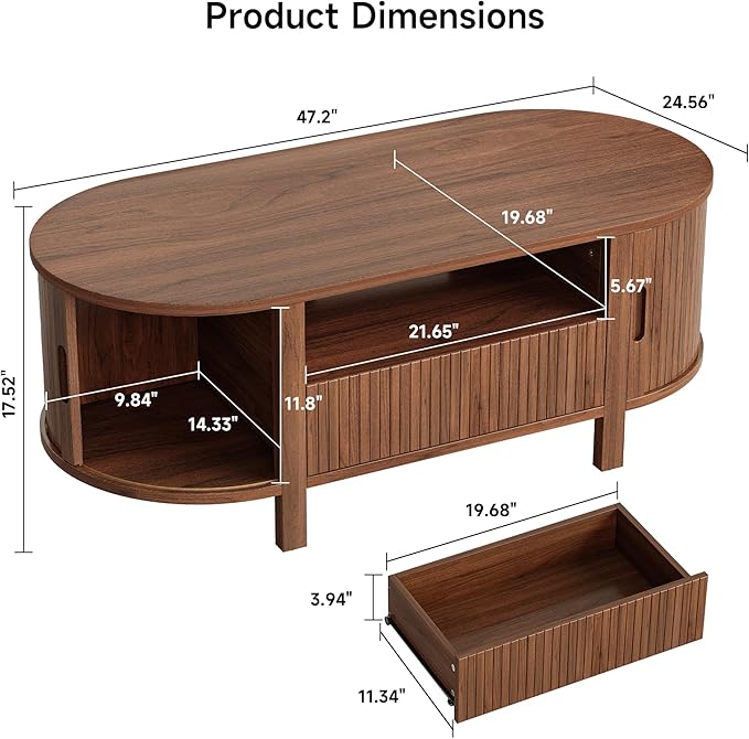 47" Oval Coffee Table, Tambour Design Coffee Tables for Living Room, Mid Century Modern Wood Coffee Table, 3-Tier Accent Center Table with Storage, Large Drawer, Walnut