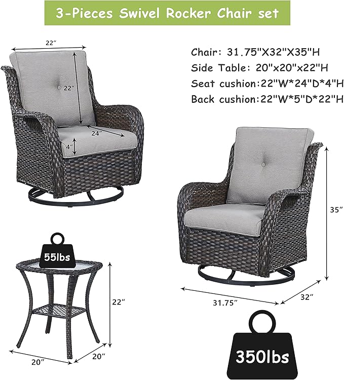 Rilyson Wicker Rocking Chair Swivel Chairs – 6 Piece Rocker Patio Furniture Set Rattan Rocking Bistro Sets with Glass Top Side Table for Outdoor Porch Deck Garden Backyard(Brown/Grey)