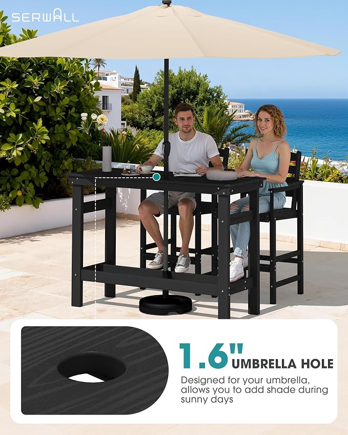 SERWALL Outdoor Bar Set - 4 Adirondack Bar Chairs & Bar Height Table with 1.6" Umbrella Hole, All-Weather HDPE Patio Furniture for Poolside, Backyard, Garden - Black - Image 2