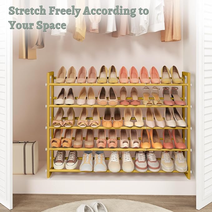 FAVOOSTY 3-Tier Expandable Shoe Rack, Adjustable Shoe Shelf Storage Organizer Space Saving Metal Free Standing Shoe Rack for Entryway Closet Doorway, Silver Grey (Gold, 5 Tier) - Image 7