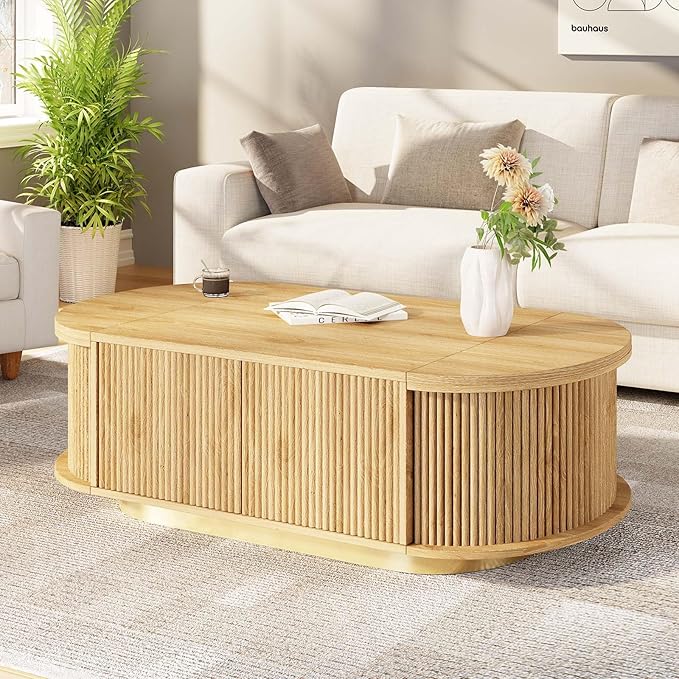 HSH Farmhouse Oval Coffee Table with Storage, 47” Modern Coffee Table with Press Type Door, Fluted Living Room Tables with 2 Flip-Top Hidden Lids, Wood Center Table for Living Room, Office Oak