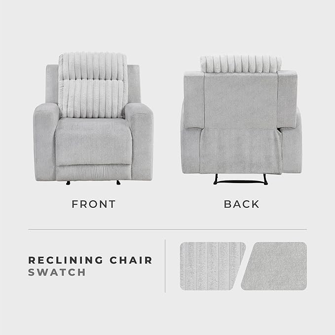 Lexicon Modern Recliner Chair for Living Room, Manual Wall Hugger Textured Microfiber Reclining Chair, Plush Corduroy Channel Seat Back, Manual Recliner, Light Gray
