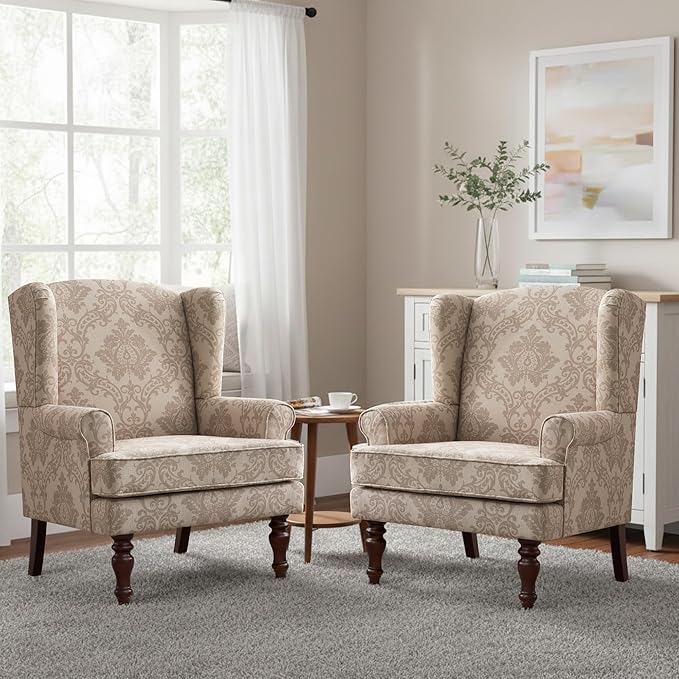 HUIMO Printed Wingback Accent Chair, Linen Upholstered High Back Armchair, Comfy Reading Chair for Living Room Bedroom Study, 300lbs Weight Capacity (2, Brown Floral)