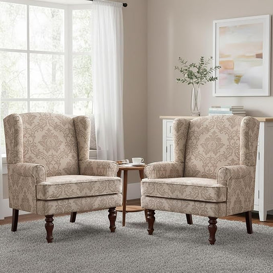 HUIMO Printed Wingback Accent Chair, Linen Upholstered High Back Armchair, Comfy Reading Chair for Living Room Bedroom Study, 300lbs Weight Capacity (2, Brown Floral)