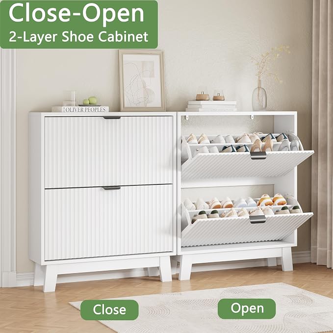Xixini Shoe Cabinet with 2 Flip Drawers, 37" Tall Narrow Fluted Shoe Storage Organizer for Entryway, Hidden Slim Wooden Shoe Rack Cabinet for Front Door Entrance, Hallway, Living Room, Solid White - Image 5